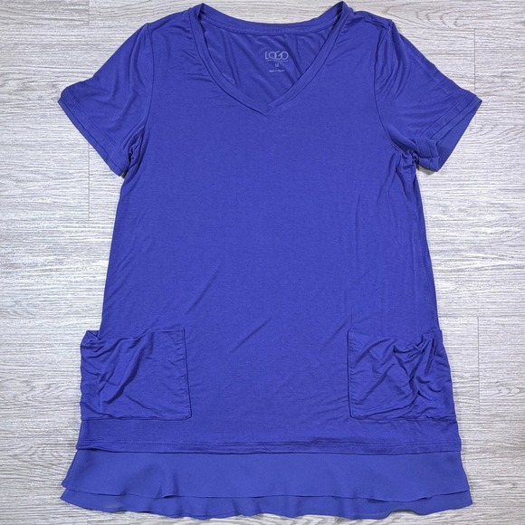LOGO by Lori Goldstein Tops - LOGO Lori Goldstein Women's Tunic Top Purple Medium V-Neck Pockets Ruffle Hem‎